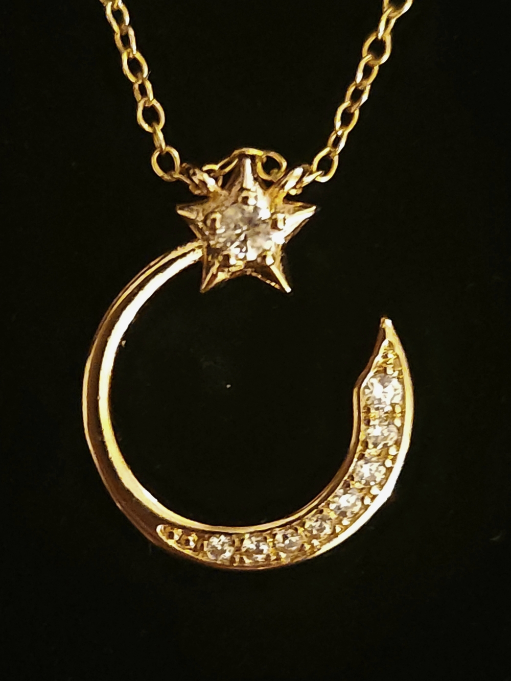 Gold Crescent Moon and Star Pendant Necklace
